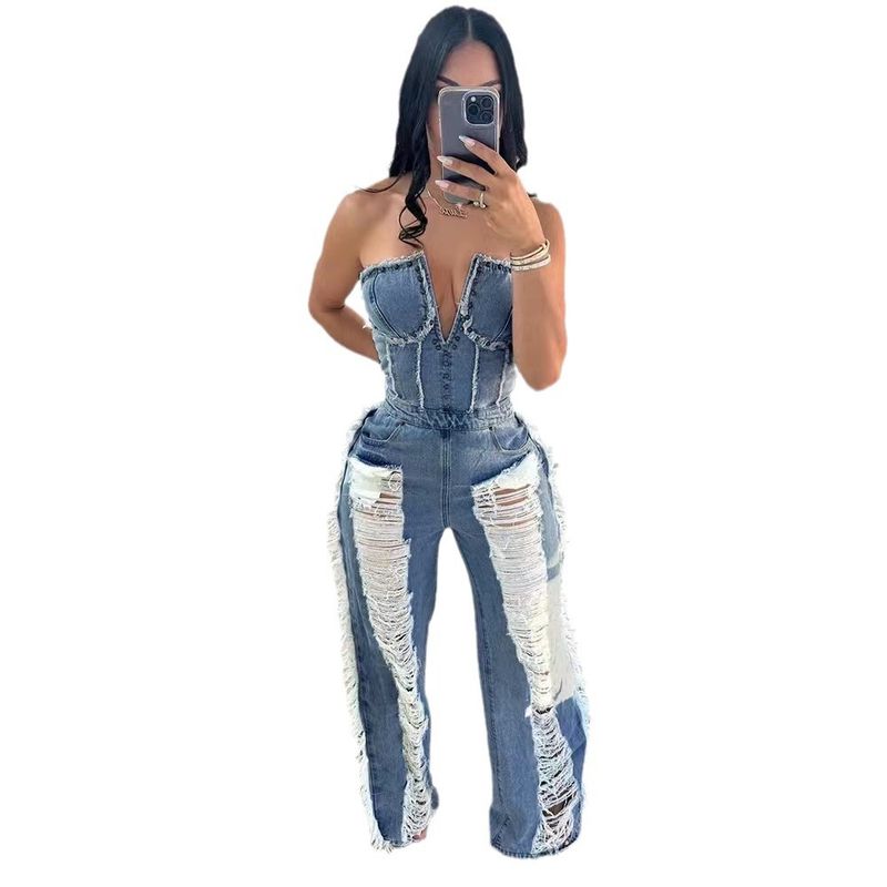 Women's Clothing Tassel Hole Nail Diamond Washed Denim Jumpsuit Trousers_voghion.com