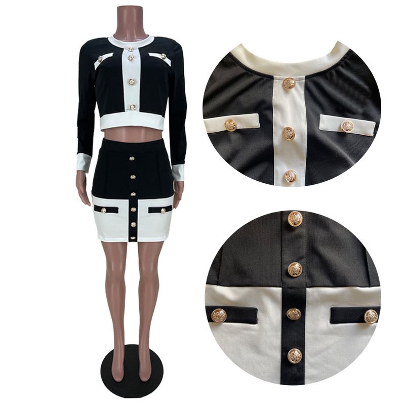 Women's fashion casual black and white stripes with buttons two-piece set_voghion.com
