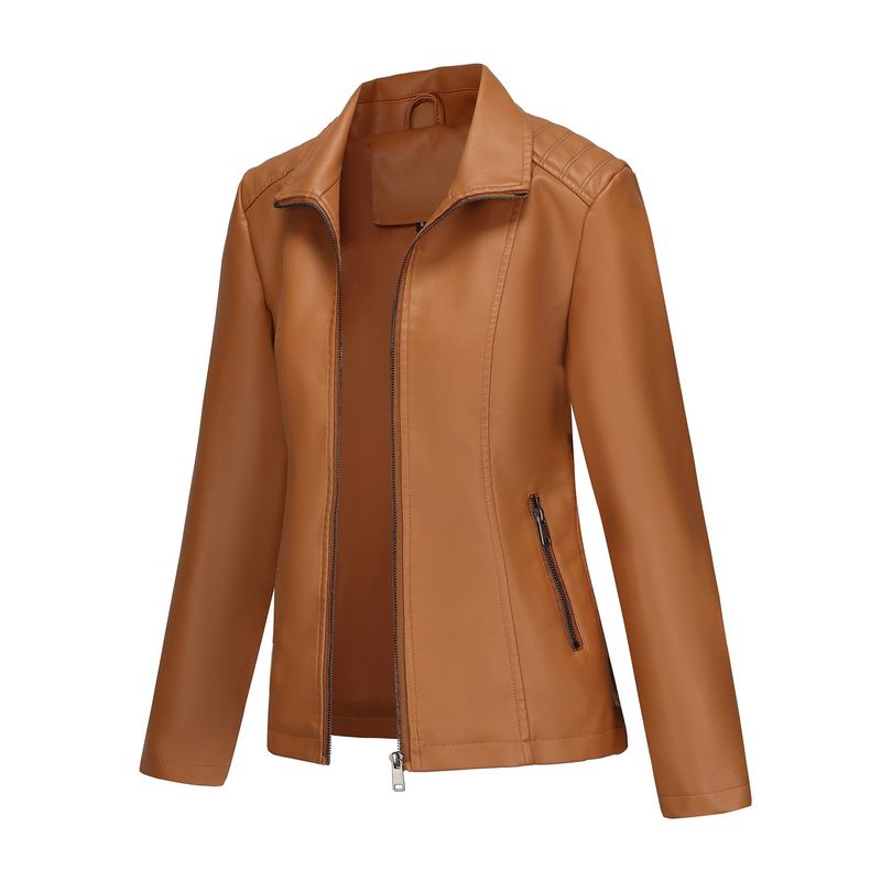 Damenbekleidung Kunstlederjacke mit Strickeinsätzen – Dehnbare kurze Bikerjacke in Schwarz, Camel & Braun | S-XXL_voghion.com