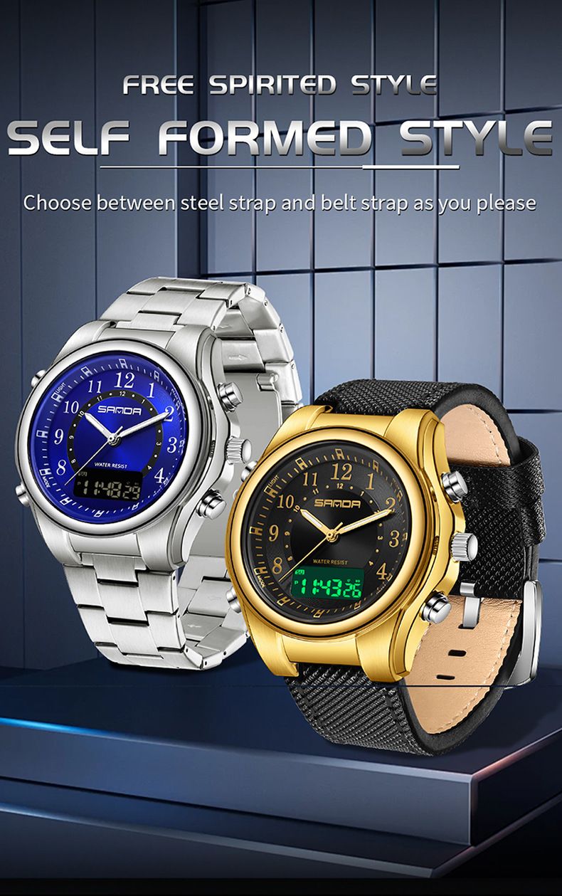 Digital-Analog-Armbanduhr für Herren mit Alarm, Stoppuhr, Nachtlicht, 50 m wasserdicht, Armband aus Edelstahl/PU-Leder, rundes Zifferblatt, 48 mm_voghion.com