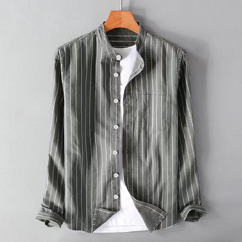 Camicia da uomo in lino e cotone comoda con maniche a righe multicolori casual di CT 2025, primavera e autunno_voghion.com