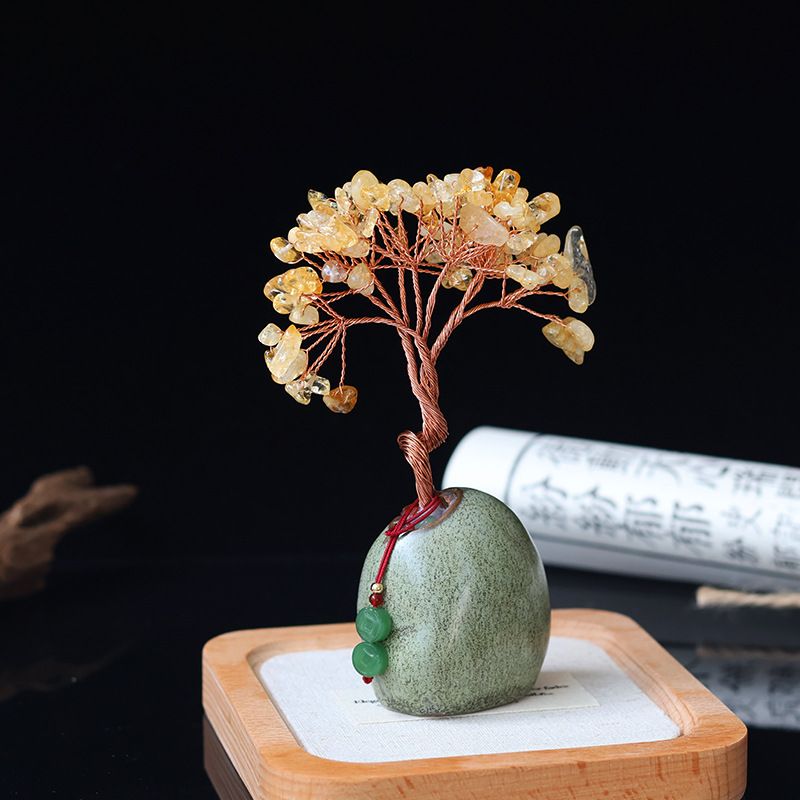 Arbre de la Fortune en Cristal Jaune, Ornement Feng Shui pour Bureau ou Table à Thé, Petit Cadeau Vintage_voghion.com