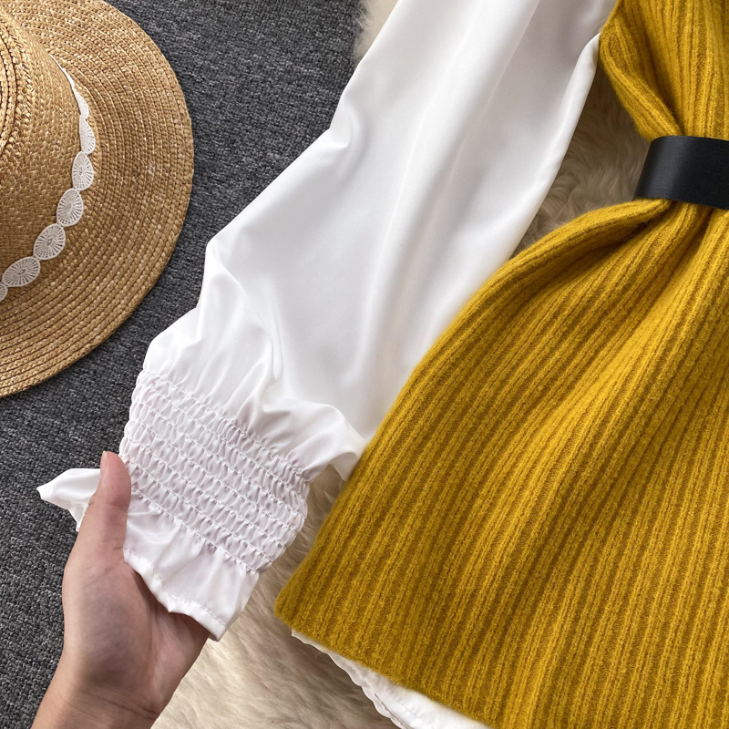 Set de două piese pentru femei, cămașă albă cu mâneci lungi și vestă din tricot despicat_voghion.com