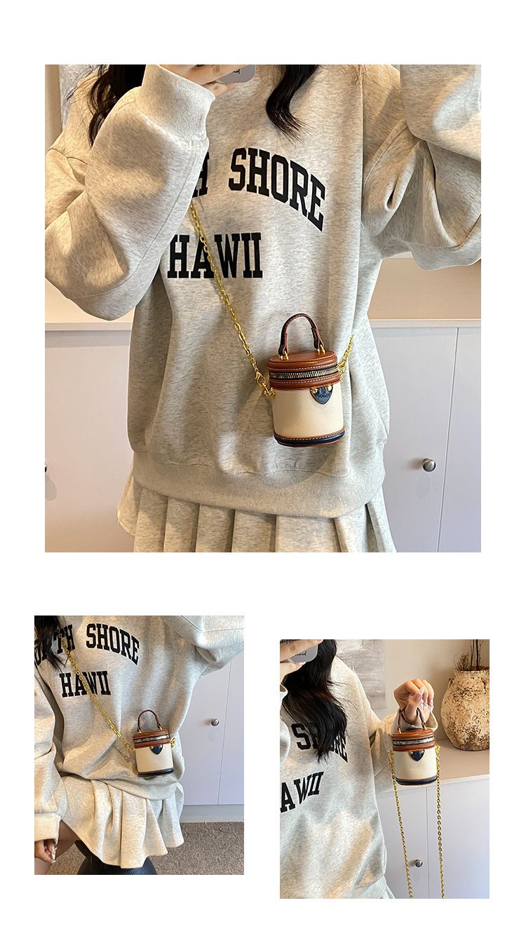 Borsa a secchiello da donna, mini borsa a secchiello rotonda con contrasto di colore, stile per famiglie, da portare a mano, piccola borsa a tracolla color rossetto, da donna_voghion.com