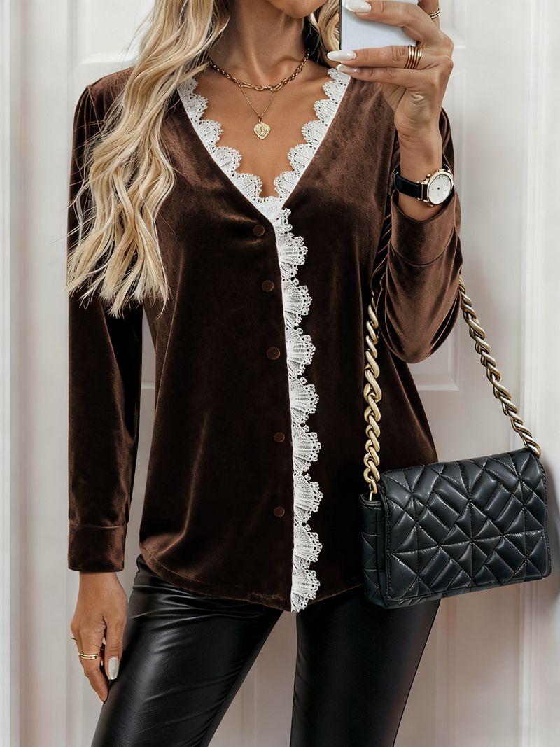 Elegant Vintage Velvet Blouse With V-Neck & Lace Trim - Fall/Winter Boho Chic Shirt For Women, Loose Fit With Puff Sleeves (Brown, S/M/L/Xl)_voghion.com