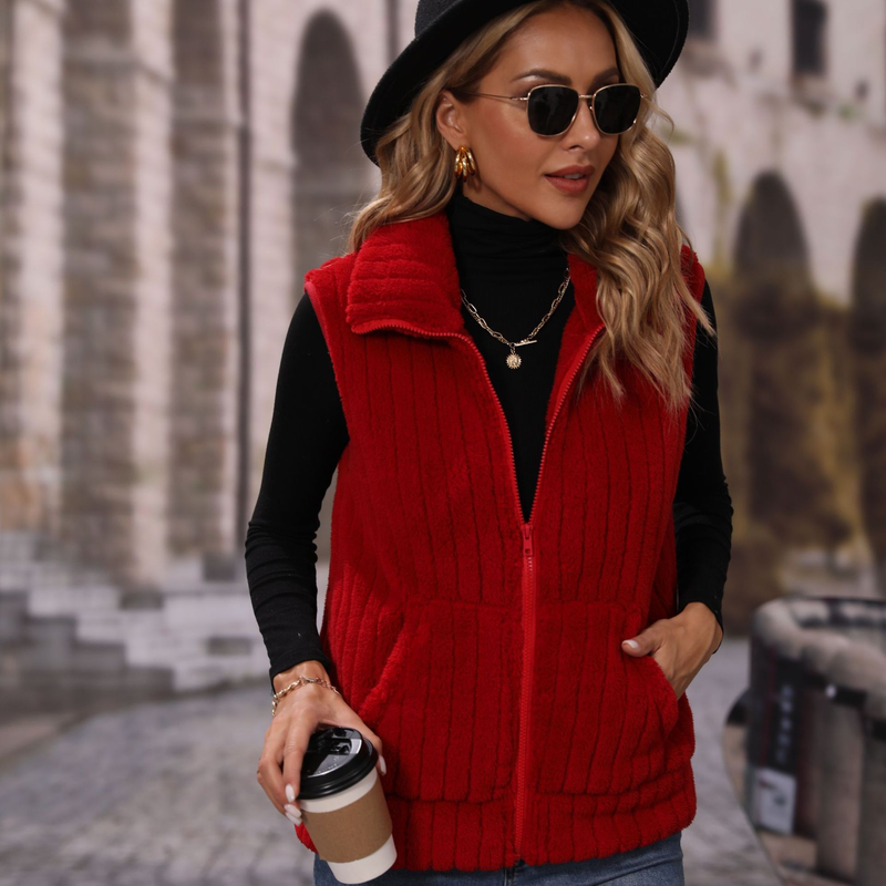 Women's lapel sleeveless loose striped zipper plush casual vest jacket_voghion.com