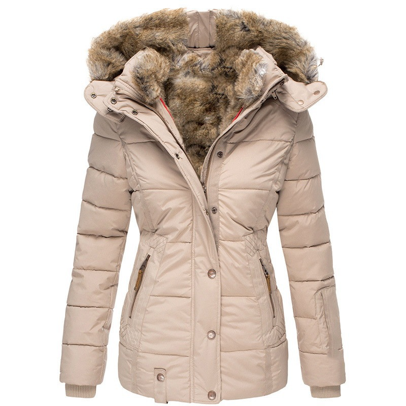 Damenbekleidung neue Winter warme Pelzkragen Baumwollmantel Damen Reißverschluss Langarm Slim Baumwollmantel Jacke Kapuzenmantel W128_voghion.com