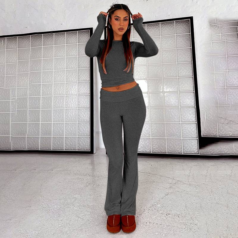 Naisten perus kaksiosainen asu, pitkähihainen crop top, taitettavat leggingsit, levenevät housut, yhteensopivat kaksiosaiset oloasut_voghion.com