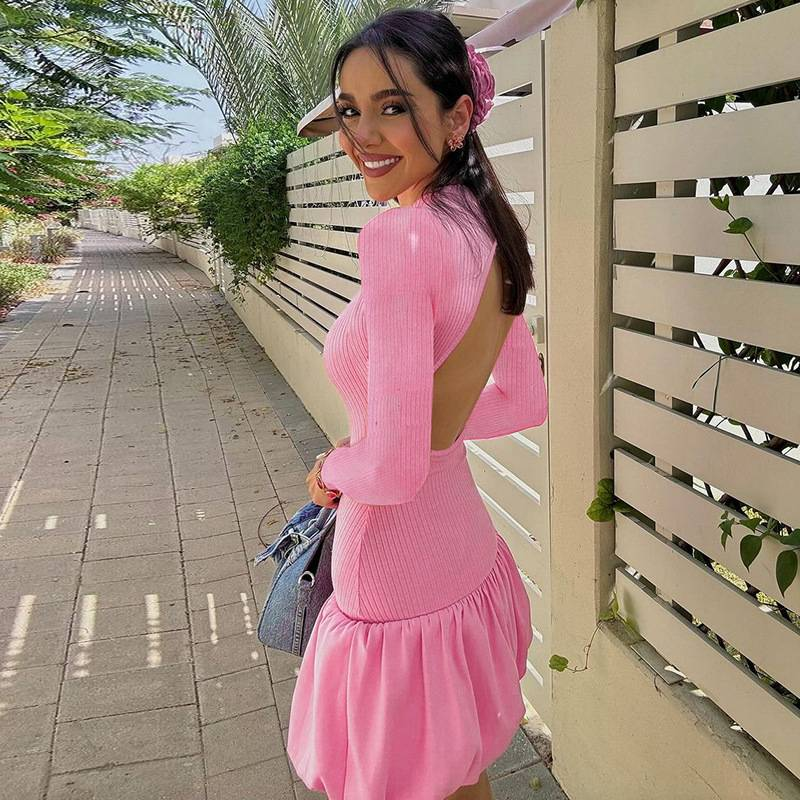 Damen Rückenfreies Mini Bubble Kleid Y2K Streetwear Mädchen Langarm Tuniken Kurze Plissee Kleider Urlaubsoutfit Party Ballkleider_voghion.com