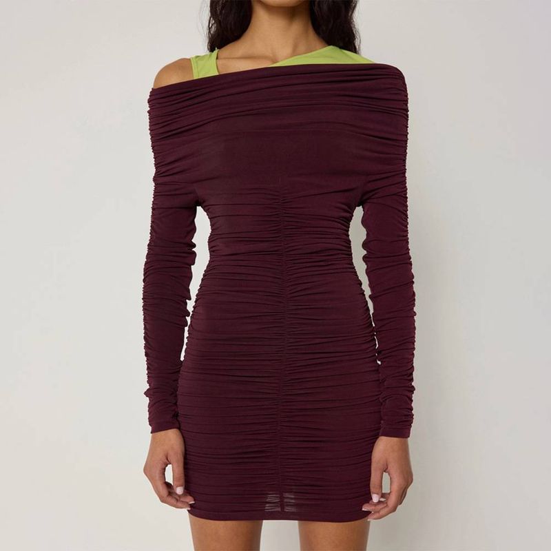 Inclined Shoulder Long Sleeve Sexy Mini Dress For Women Autumn New Fashion Backless Ruched Bodycon Party Sexy Dress_voghion.com