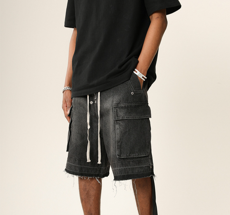 Herrenbekleidung High Street Vibe Washed Distressed Raw Edge Denim Shorts Multi Pocket Workwear Lockere Shorts_voghion.com