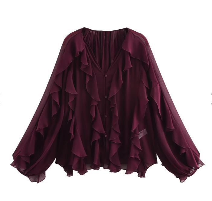 Vêtements pour femmes, nouvelle mode d'été, revers, volants, nœud ample, chemises à manches longues_voghion.com