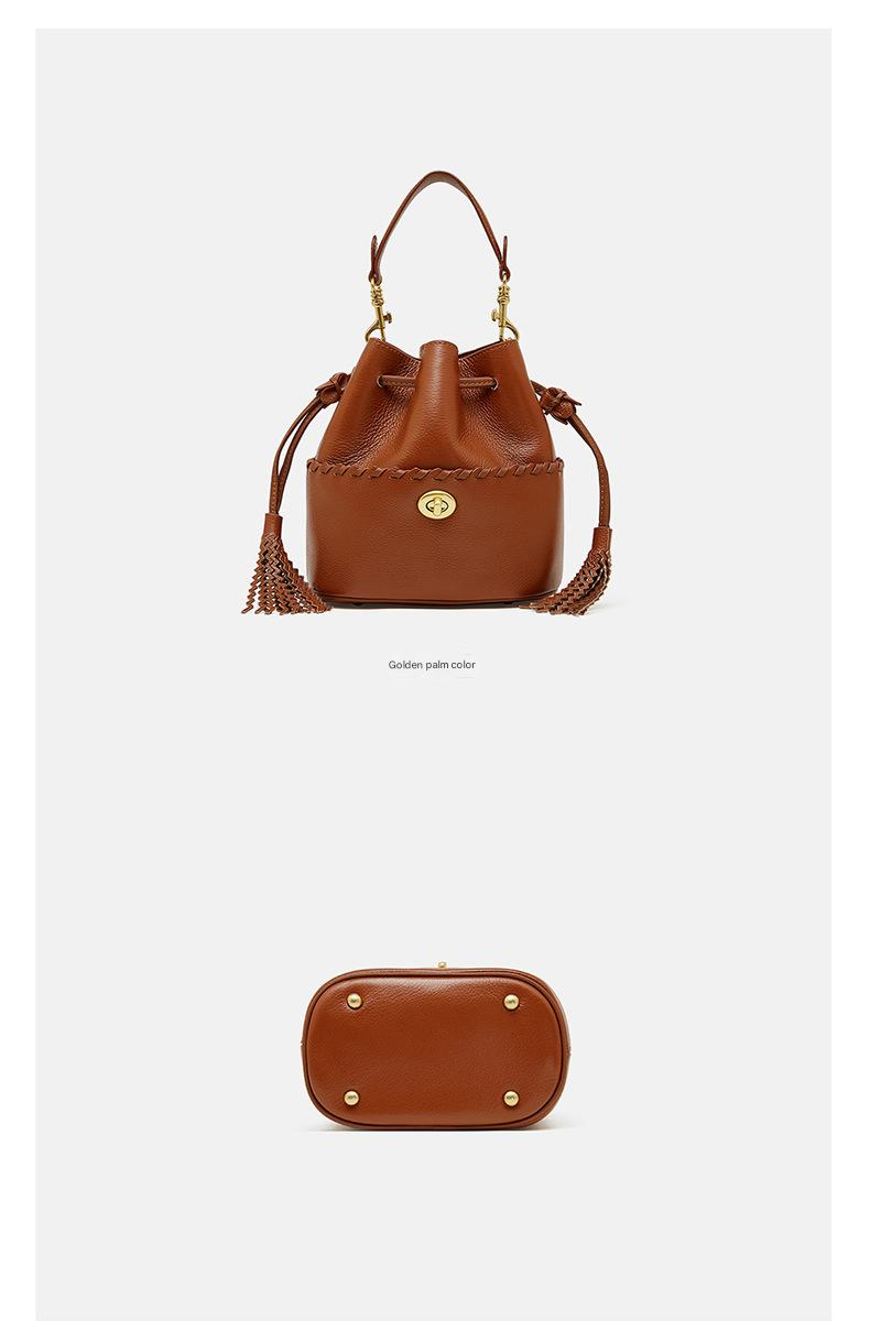 KOSE High-grade First-layer Cowhide Bucket Bag New Genuine Leather Women's Bag Tassel Niche Drawstring Shoulder Messenger Bag_voghion.com