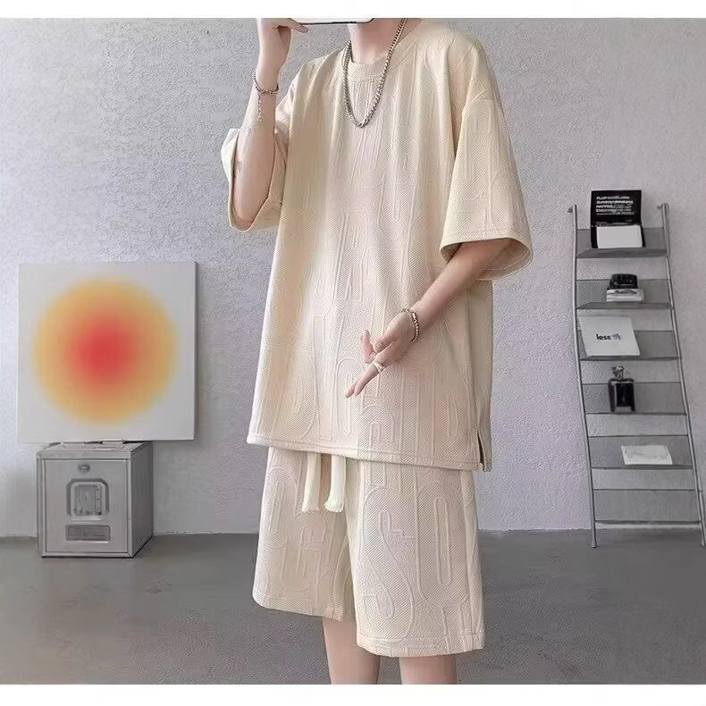 Short Sleeve Casual Sports For Men, Thin Summer Outfit, Loose Fit, Five-Point Shorts Two-Piece Set, Waffle Texture Suit_voghion.com