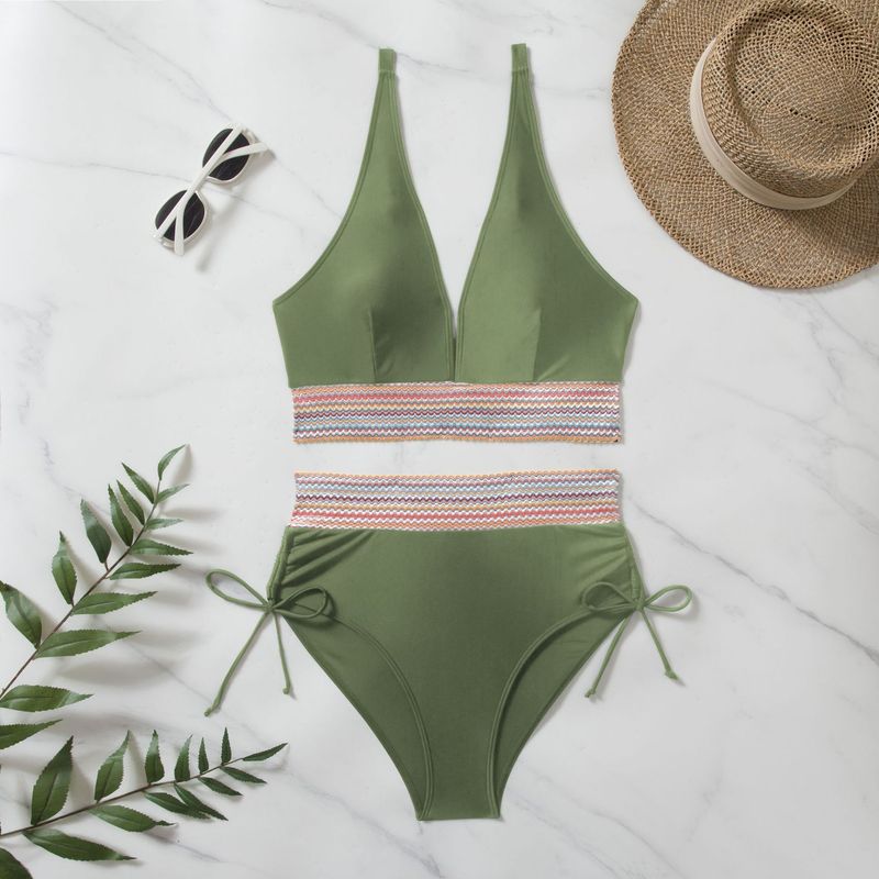 Women's Bikini High-waisted Split Color Matching Set Tether Pull Up Swimsuit_voghion.com