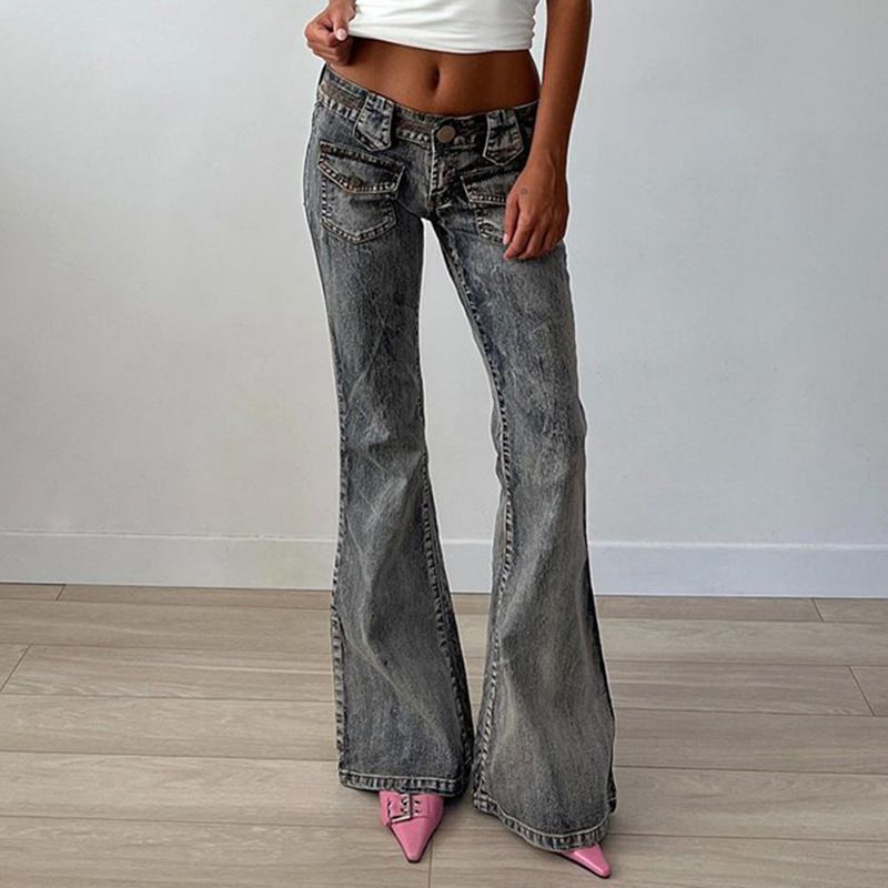 Low waisted slim fit, slimming effect, washed denim bell bottomed for women in 2024, American distressed design, sense_voghion.com