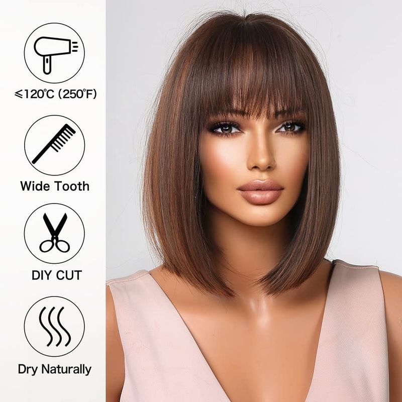 Allbell Brown Short Wave Headed Wig is suitable for women's mixed brown synthetic wigs with bangs and heat-resistant_voghion.com
