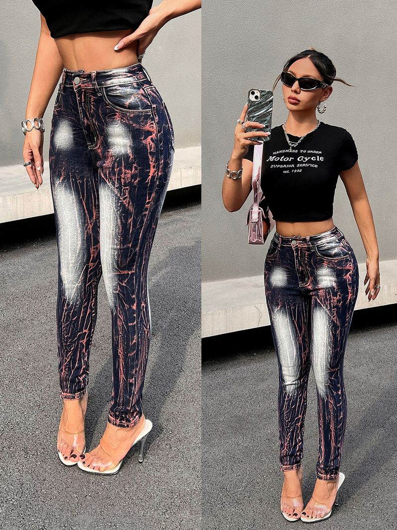 Vêtements pour femmes nouveau style délavé créatif teint par nouage taille haute élastique rehaussant les hanches pantalon en jean polyvalent pour femmes_voghion.com