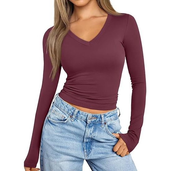 T-shirt a maniche lunghe con scollo a V slim fit da donna - Blusa in seta di latte elasticizzata per strati_voghion.com