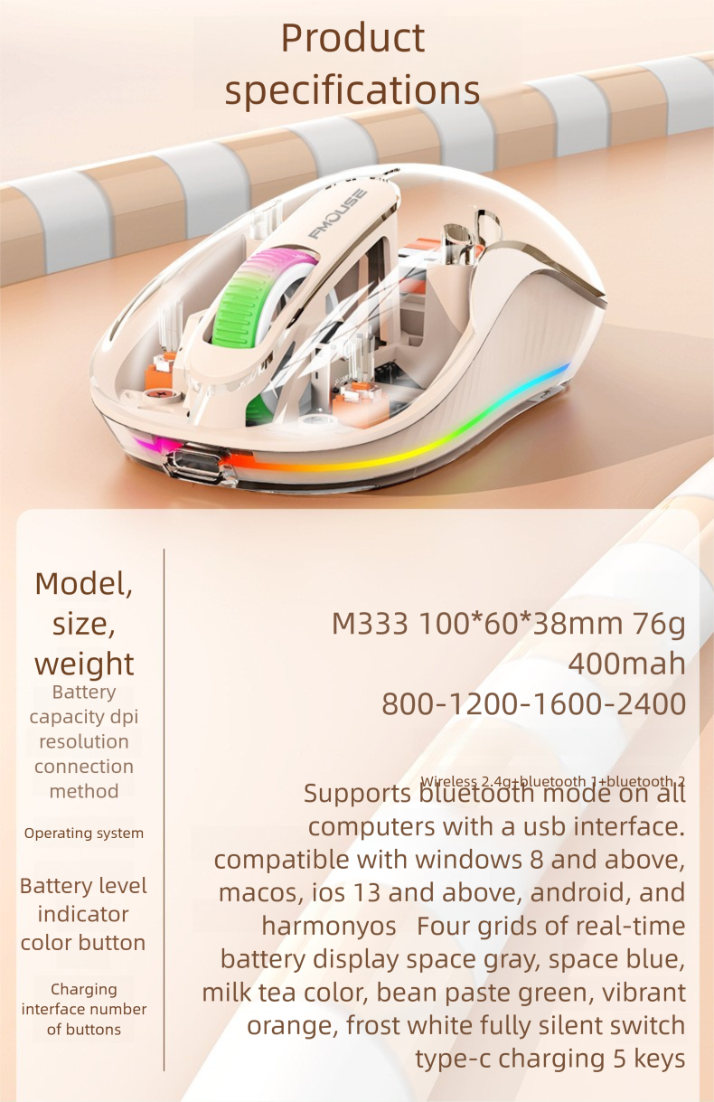 Transparent Wireless Silent Bluetooth Gaming Rechargeable Universal Personalized Mouse_voghion.com