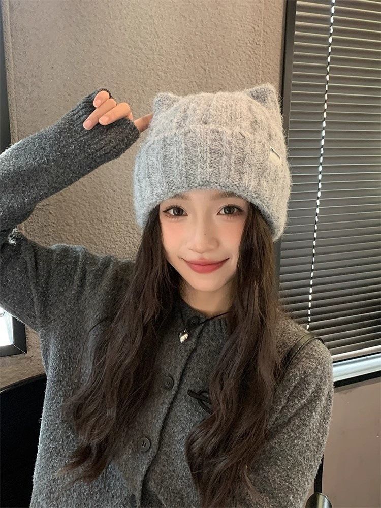 Cat Ear Knitted For Women, Autumn And Winter New Japanese Style Warm Cute Knit Hat, Korean Version Thickened Versatile_voghion.com