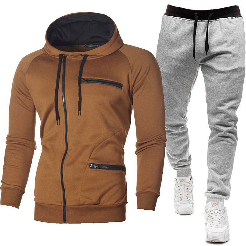 Nuevo conjunto de sudadera con capucha y chaqueta y pantalones deportivos de color sólido con cremallera informal para hombre_voghion.com