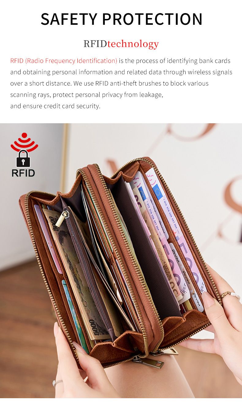 Herren-Geldbörse mit RFID-Schutz, Business-Geldbörse für Herren, modische Geldbörse mit Doppelreißverschluss, lange Geldbörse im Retro-Stil, große Kapazität, Damen-Clutch._voghion.com