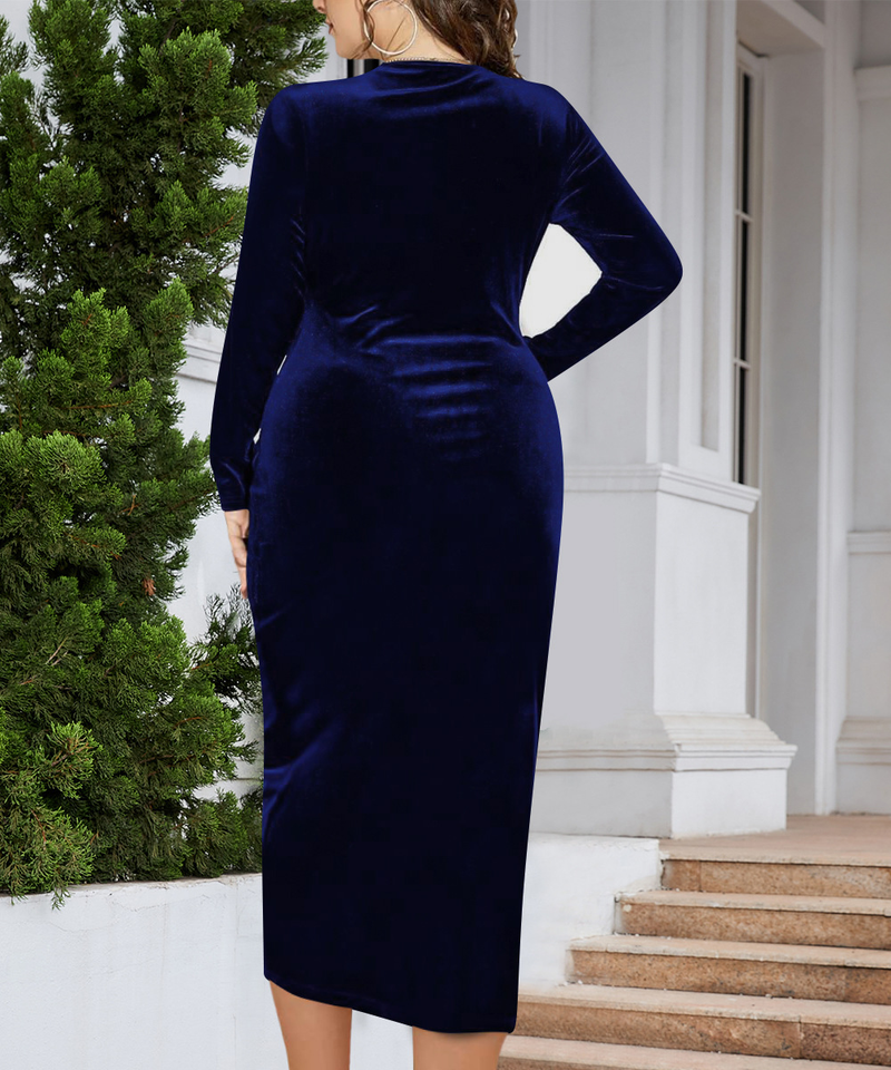 Damenkleid Langärmliges Samt-Etuikleid Sexy plissiertes Wickelkleid mit tiefem V-Ausschnitt, Party-Cocktailkleid_voghion.com