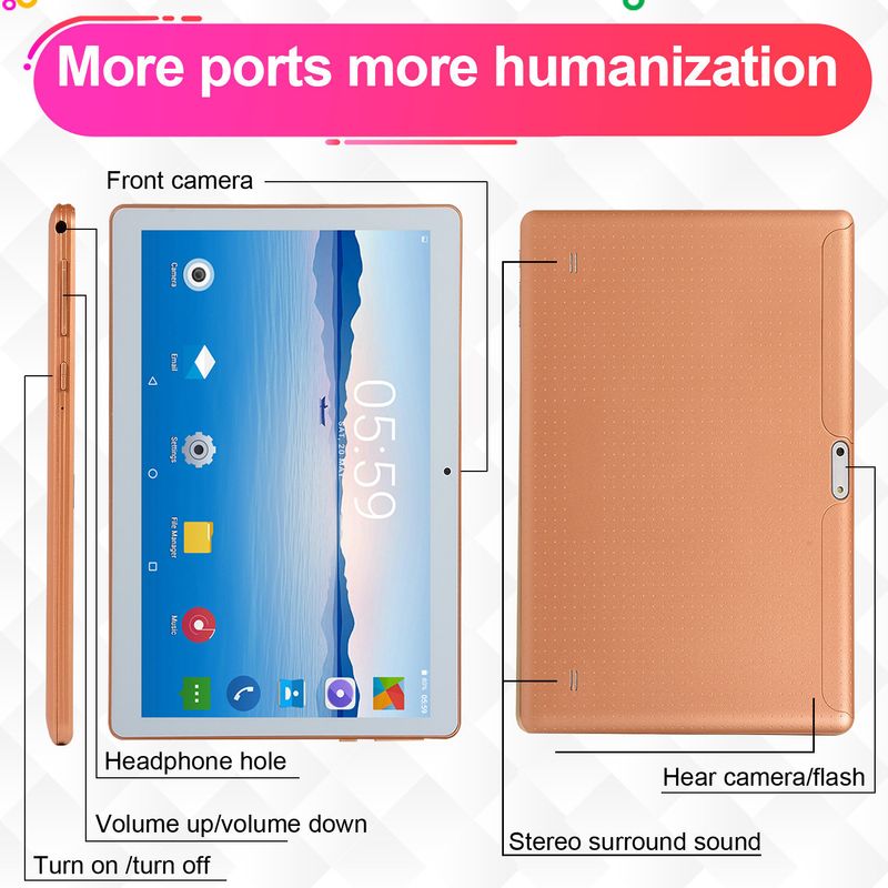 10,1-Zoll-Android-Tablet mit IPS-HD-Display, 3G-Telefonie, Dual-SIM, GPS, 1 GB RAM, 16 GB ROM, Bluetooth, Dual-Kamera – Weiß/Gold/Schwarz_voghion.com