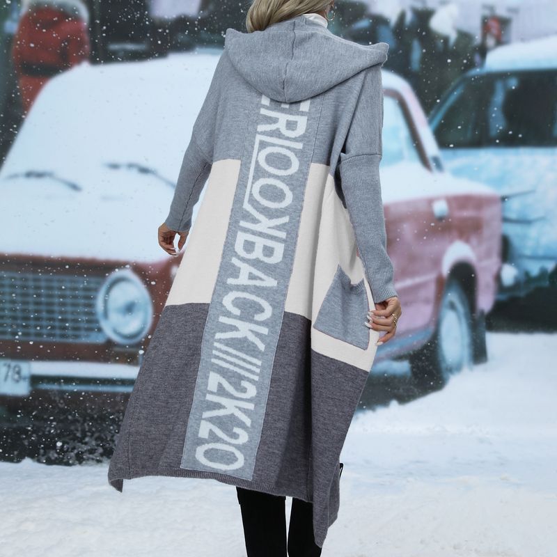 Dameskleding Colorblock Pocket Gepersonaliseerde Letter Capuchon Lange Cardigan Gebreide Jas_voghion.com