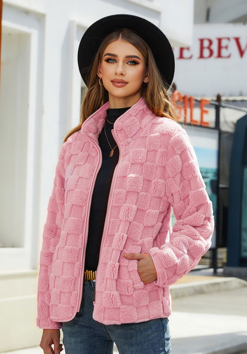 Cardigan a maniche lunghe da donna con cerniera, ampio, tinta unita, quadrato, in peluche_voghion.com