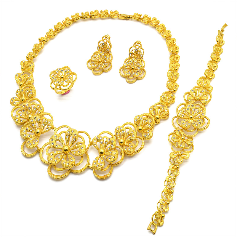 Orecchini da sposa con bracciale e collana in lega di gioielli floreali in 4 pezzi_voghion.com