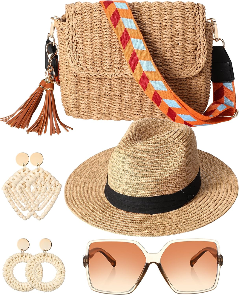 5 stuks stro strandtas en brede rand stro zonnehoed met rotan boho oorbellen zonnebril set zomer schoudertas strand inpakbaar reizen voor dames_voghion.com