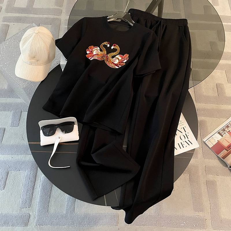Vêtements pour femmes, tenue de sport décontractée, anti-âge, industrie lourde, col rond brodé, t-shirt à manches courtes, pantalon large, ensemble deux pièces_voghion.com
