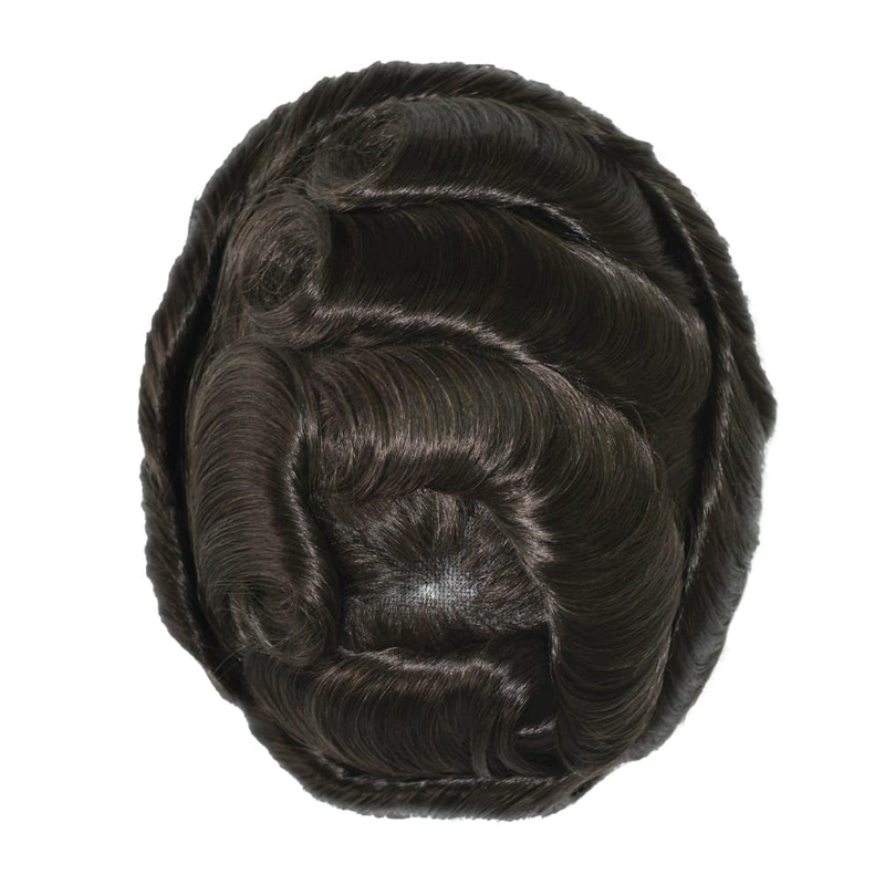 Ominilace Toupet für Männer, 100 % Echthaarteile, französische Spitze vorne, Poly-Haut, geknotetes Haarersatzsystem, Echthaar, Herrenperücken, Dunkelbraun #2_voghion.com