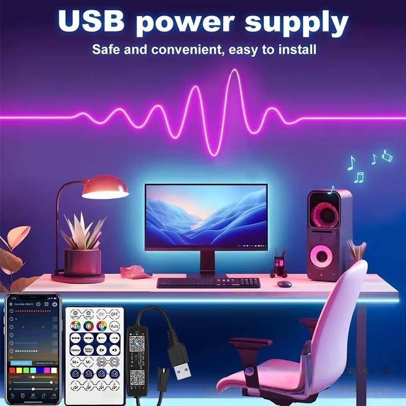 Tira de luces LED de neón RGB de 5 V con control remoto Bluetooth de 28 teclas, iluminación decorativa flexible e impermeable para fondo de TV y ambiente del hogar._voghion.com