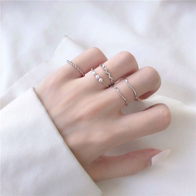 Pronto magazzino 5 pezzi/set stile coreano giapponese semplice tre perle ondulate combinazione personalità rete rossa anello di coda gioielli_voghion.com