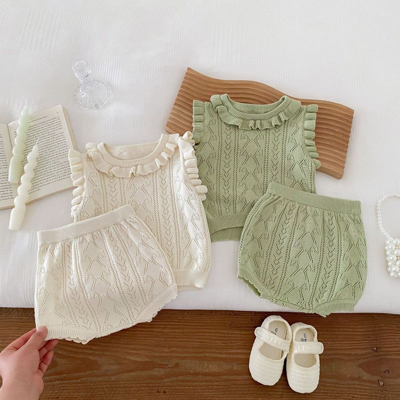 Vêtements d'été pour bébés filles, version coréenne, pull tricoté, col en dentelle, haut, short, ensemble princesse fin_voghion.com