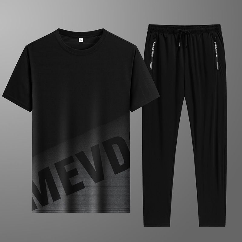 CT Summer Three-Piece Set Ice Silk Long Pants Casual Youth Sports Suit Men's Short Sleeve T-Shirt Shorts Trendy_voghion.com
