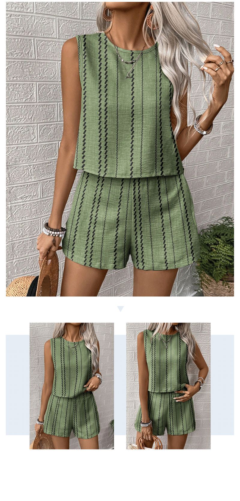 Ensemble haut sans manches et short à rayures rétro – Polyester respirant (S-XL) | Tenue d'été 2 pièces_voghion.com
