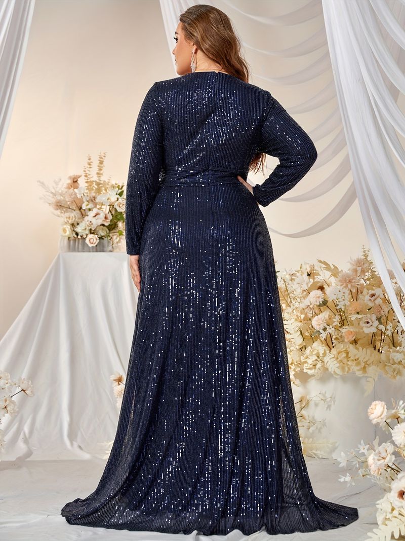 Elegant Plus Size Evening Gown With Sequins - V-Neck Long Sleeve Formal Dress For Wedding, Banquet & Special Occasions (Blue/Black/Wine Red, 0XL-5XL)_voghion.com