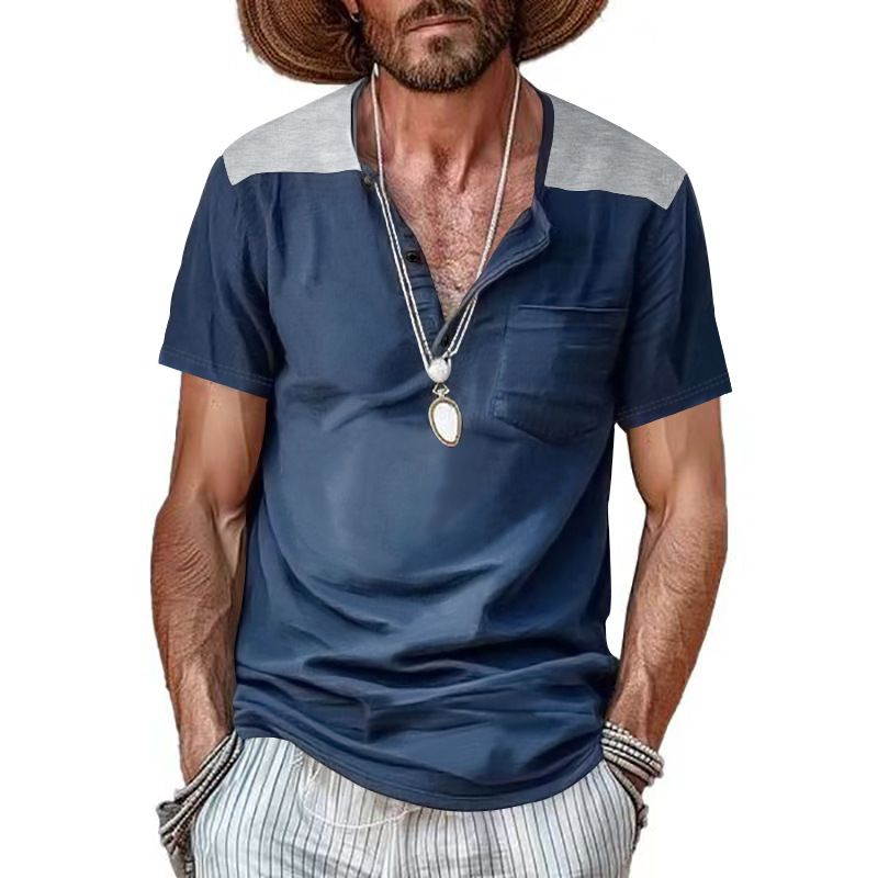 24 Sommer Herren V-Ausschnitt Knopf Farbblock Übergröße Henley Shirt Kurzarm Top_voghion.com