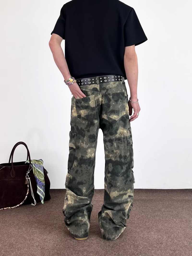 Pantalon cargo multi-poches style montagne pour homme, coupe ample et droite, style camouflage tie-dye_voghion.com