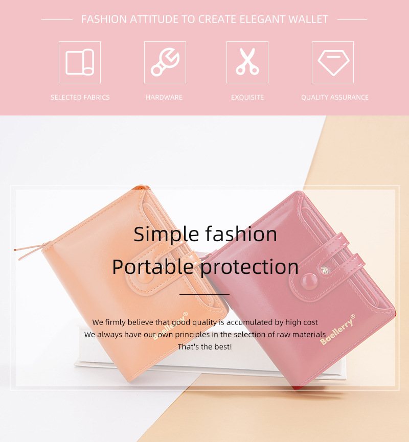 Portafoglio da donna corto Baellerry in pelle cerata lucida doppia fibbia portamonete con cerniera portacarte femminile_voghion.com