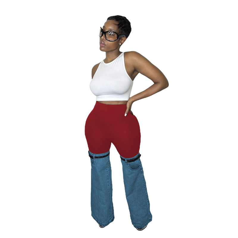 Damen-Patchwork-Kombi-Denim-Hose aus Stretch-Denim mit Micro-Flare-Hose_voghion.com