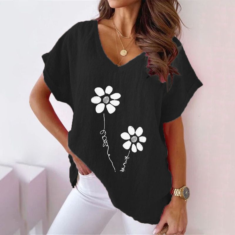 Maglietta casual a maniche corte con scollo a V e stampa in cotone e lino, da donna, taglie forti, estate 2025_voghion.com