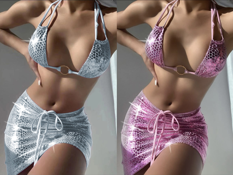 Maillot de bain trois pièces avec jupe courte et motif peau de serpent, bretelles avec cordon de serrage_voghion.com