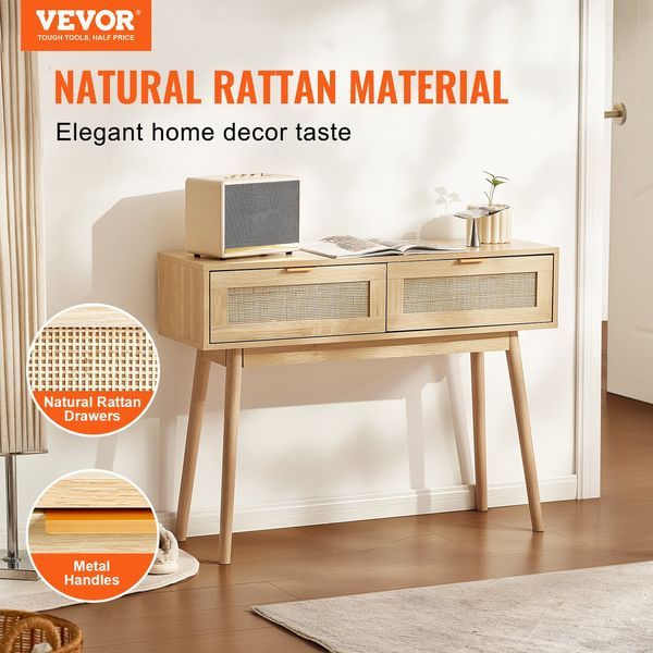 Rattan Console Table With 2 Storage Drawers Rattan Sliding Door Natural_voghion.com