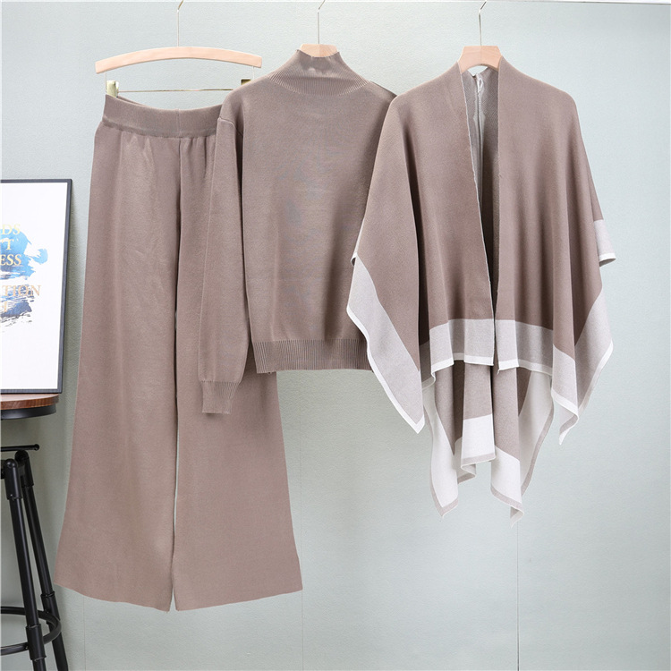 shawl knitted sweater loose wide-leg pants three-piece suit casual coat sweater suit female autumn_voghion.com