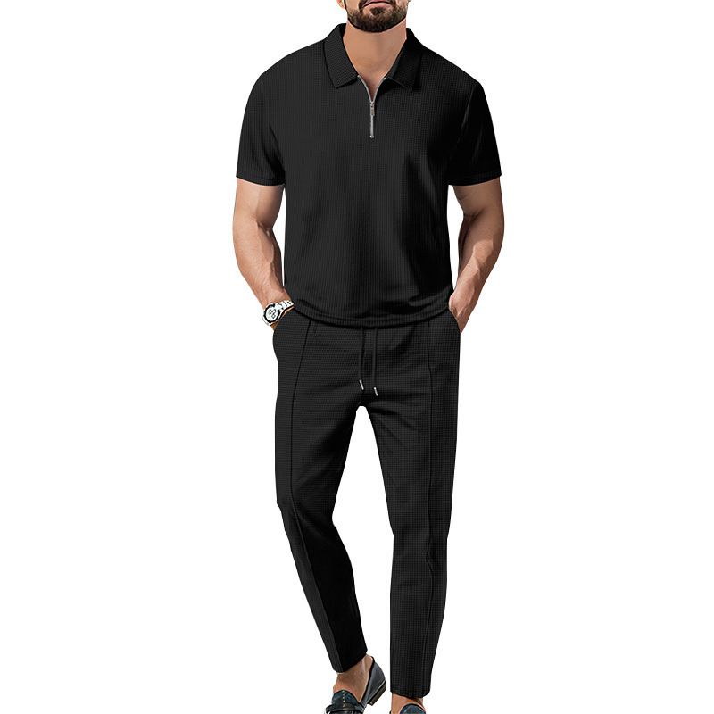 2025 Frühling und Herbst Neue Herren Einfarbig Anzug Waffel Kragen Kurzarm Zipper Lange Hosen Set_voghion.com